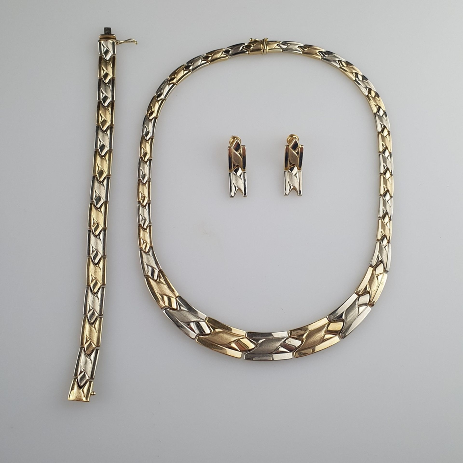 Schmuckset - Gelb-/Weißgold 585/000, gestempelt, 3-tlg: bestehend aus Collier, Armband und Paar Ohr