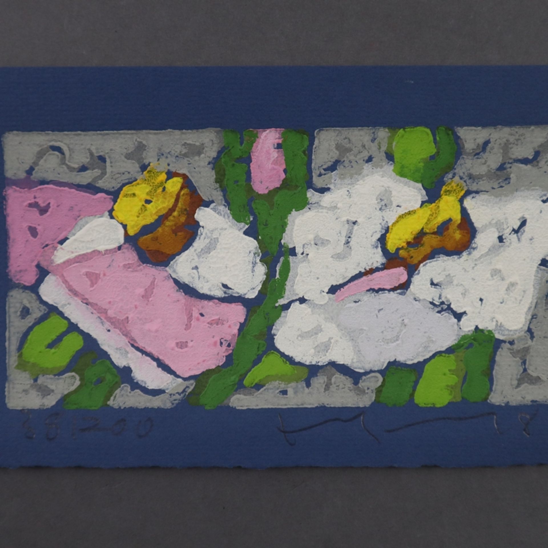 Fußmann, Klaus (*1938 Velbert) - Drei Blumenkompositionen, Farblinolschnitte auf blauem bzw. grünem - Bild 6 aus 8