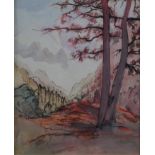 Micaletti, J. (20. Jh.) - Landschaft mit Blick auf verschneiten Berggipfel, Aquarell/Tusche auf Pap