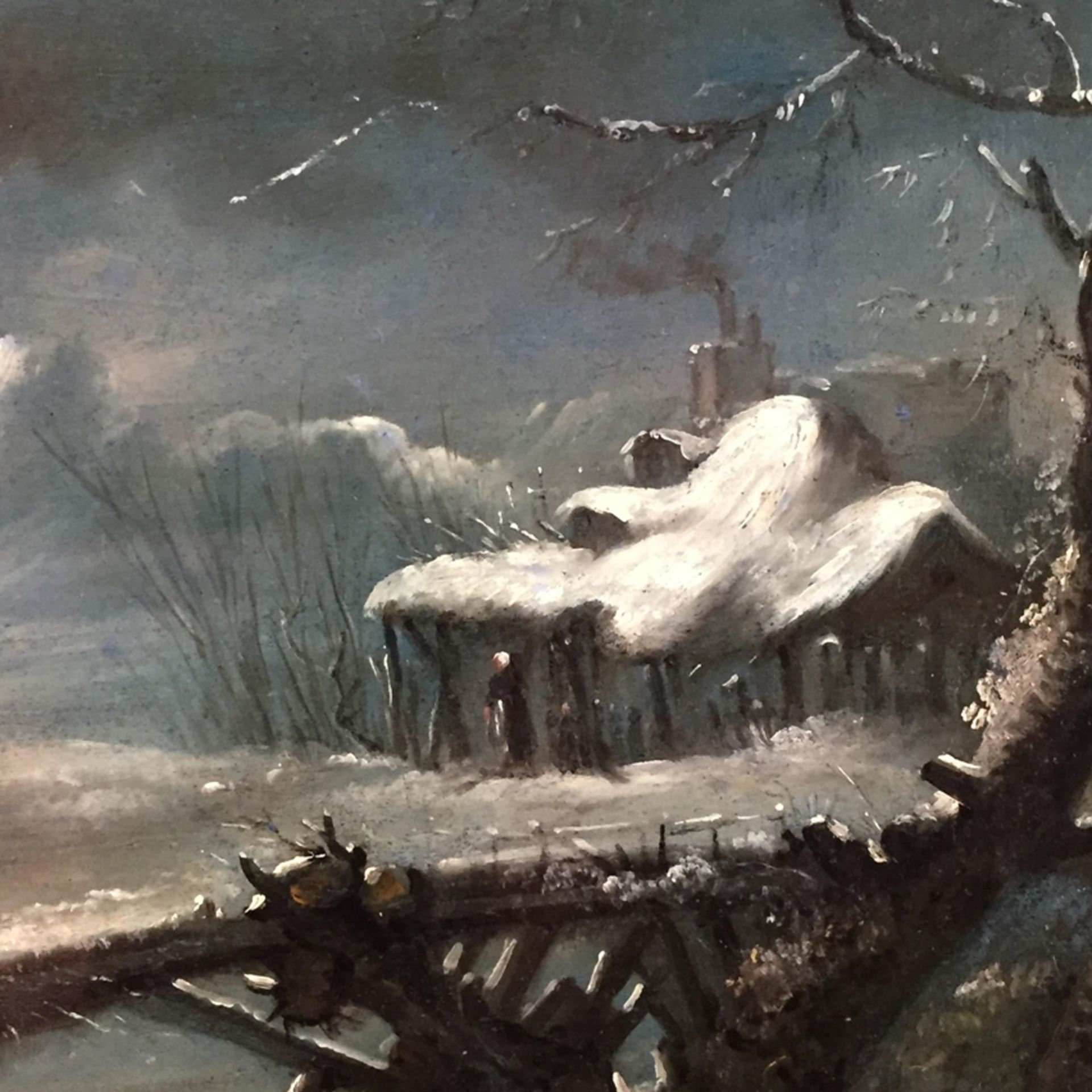 Niederländischer Landschaftsmaler -nach 1900- Nächtliche Winterlandschaft mit Architektur und Figur - Image 4 of 8