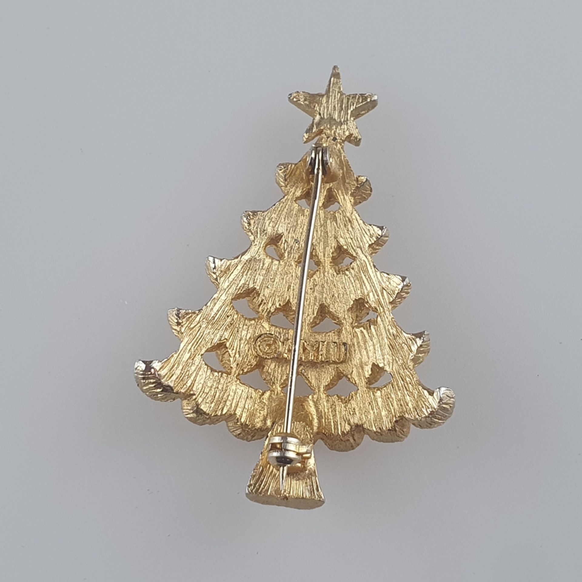 Vintage-"Christmas"-Brosche - MYLU/USA, Weihnachtsbaum, goldfarbenes Metall, fein ziseliert, Besatz - Image 4 of 4