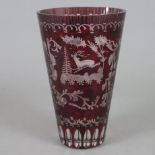 Glasvase - Egermann-Glas, um 1900, konische Form, Stand geschliffen, farbloses Glas, rot gebeizt, u