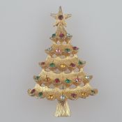 Vintage-"Christmas"-Brosche - MYLU/USA, Weihnachtsbaum, goldfarbenes Metall, fein ziseliert, Besatz