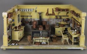 Puppenküche mit umfangreichem Zubehör - frühes 20. Jh., großes Holzgestell, zum Teil tapeziert, H x