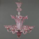 Großer luxuriöser Deckenleuchter aus Muranoglas - Venedig, Italien, 20. Jh., roséfarbenes Glas, 6-f
