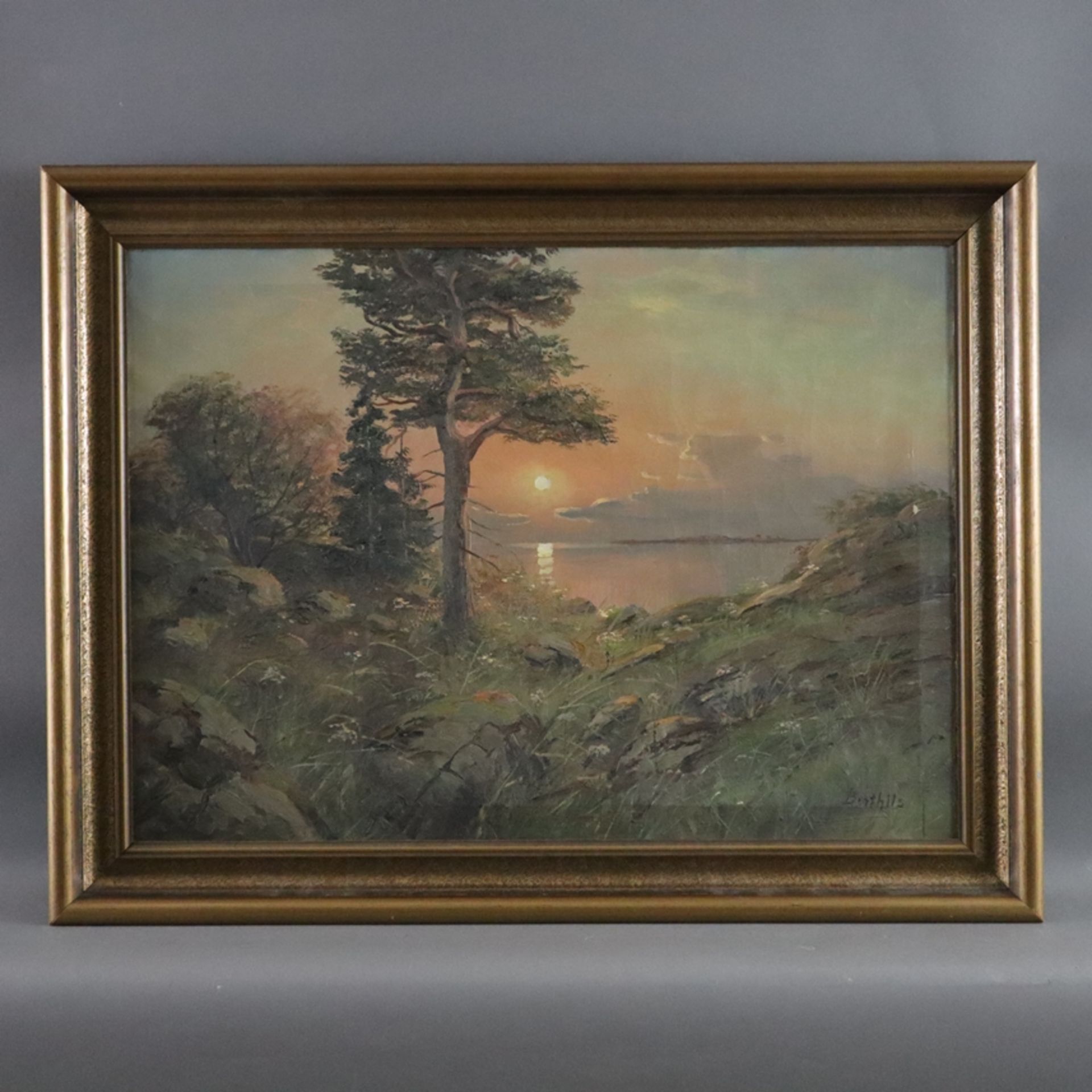 Berthils, Birger (1891-1967) - Küstenlandschaft bei Sonnenuntergang, Öl auf Leinwand, unten rechts - Image 2 of 10