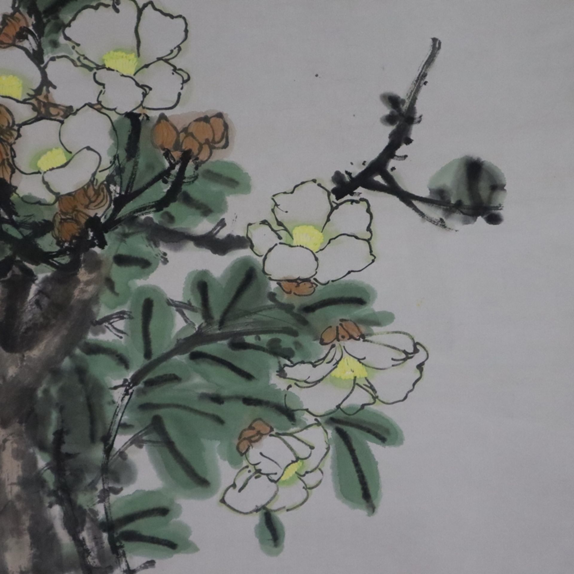 Chinesisches Rollbild - Blühende Baumzweige, Tusche und Farben auf Papier, in chinesischer Kalligra - Bild 4 aus 9