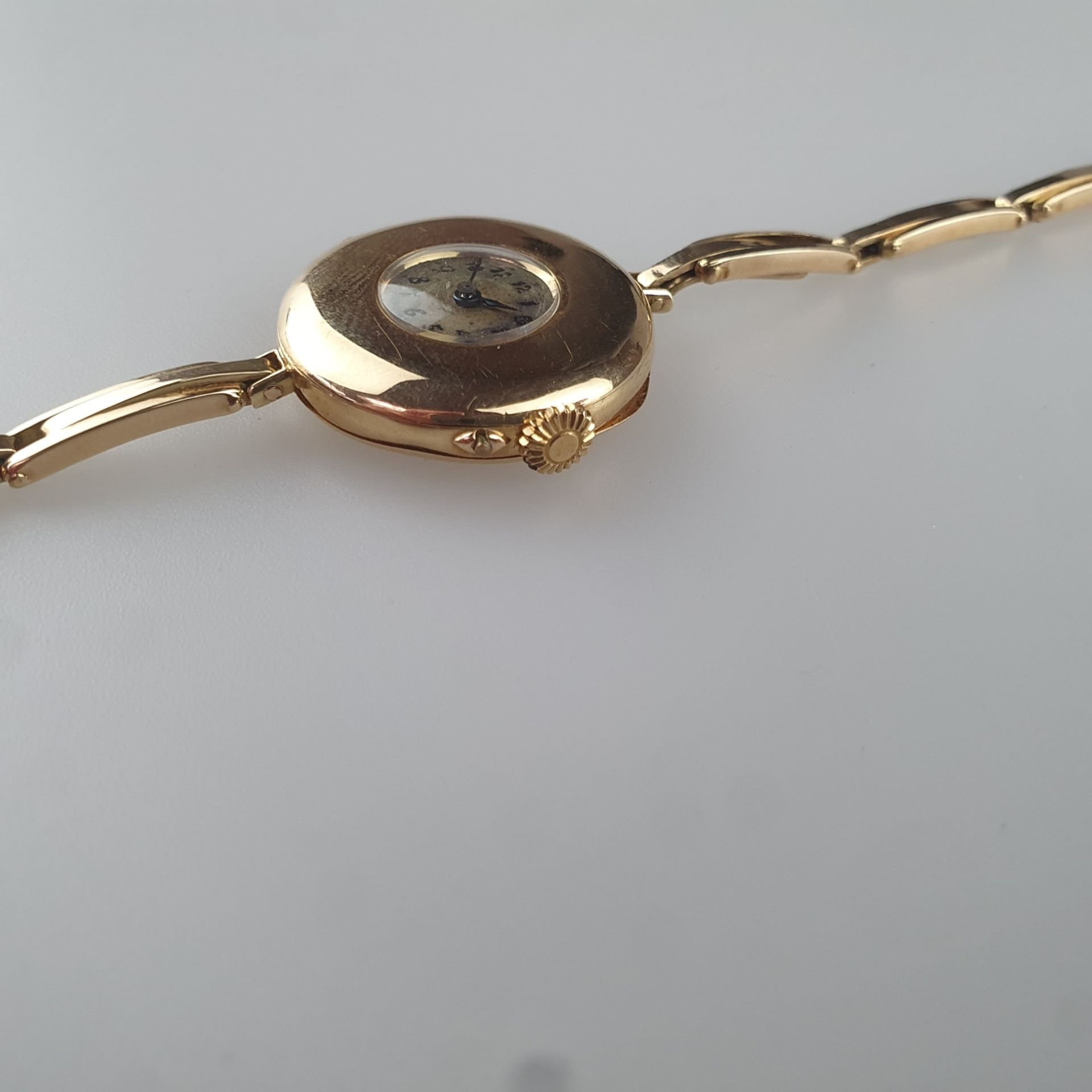 Damenarmbanduhr - Schweiz, rundes glattes Goldgehäuse, D. ca. 25mm, Rückdeckel innen gepunzt mit "1 - Image 3 of 7