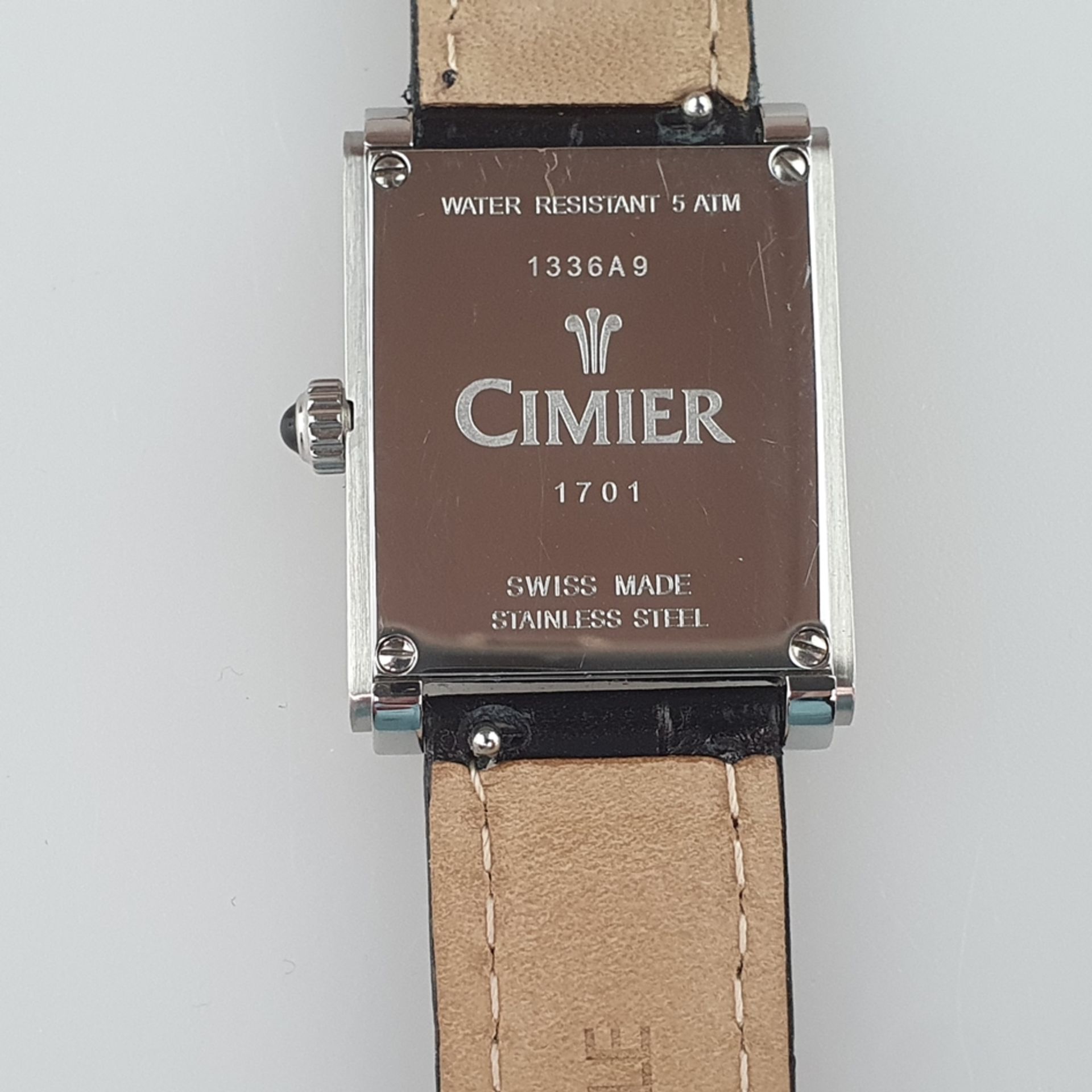 Armbanduhr CIMIER - Schweiz, Quarz-Uhrwerk: ETA 901.001, rechteckiges Edelstahlgehäuse, Saphirglas - Bild 5 aus 5