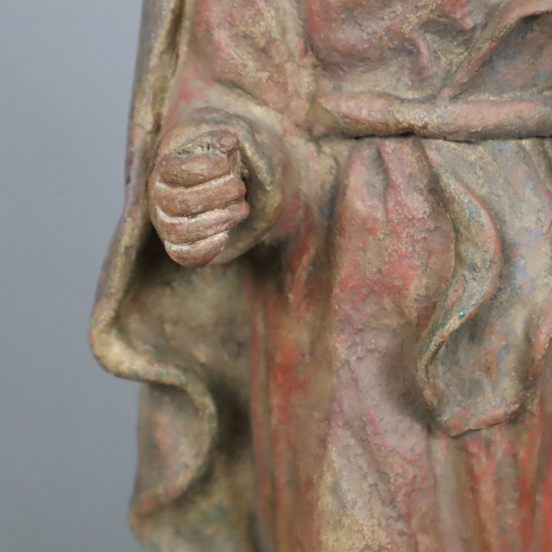 Wandfigur Madonna mit Kind - Keramik, rotfarbener Scherben, Reste der Gold- und Farbfassung, Darste - Bild 5 aus 8