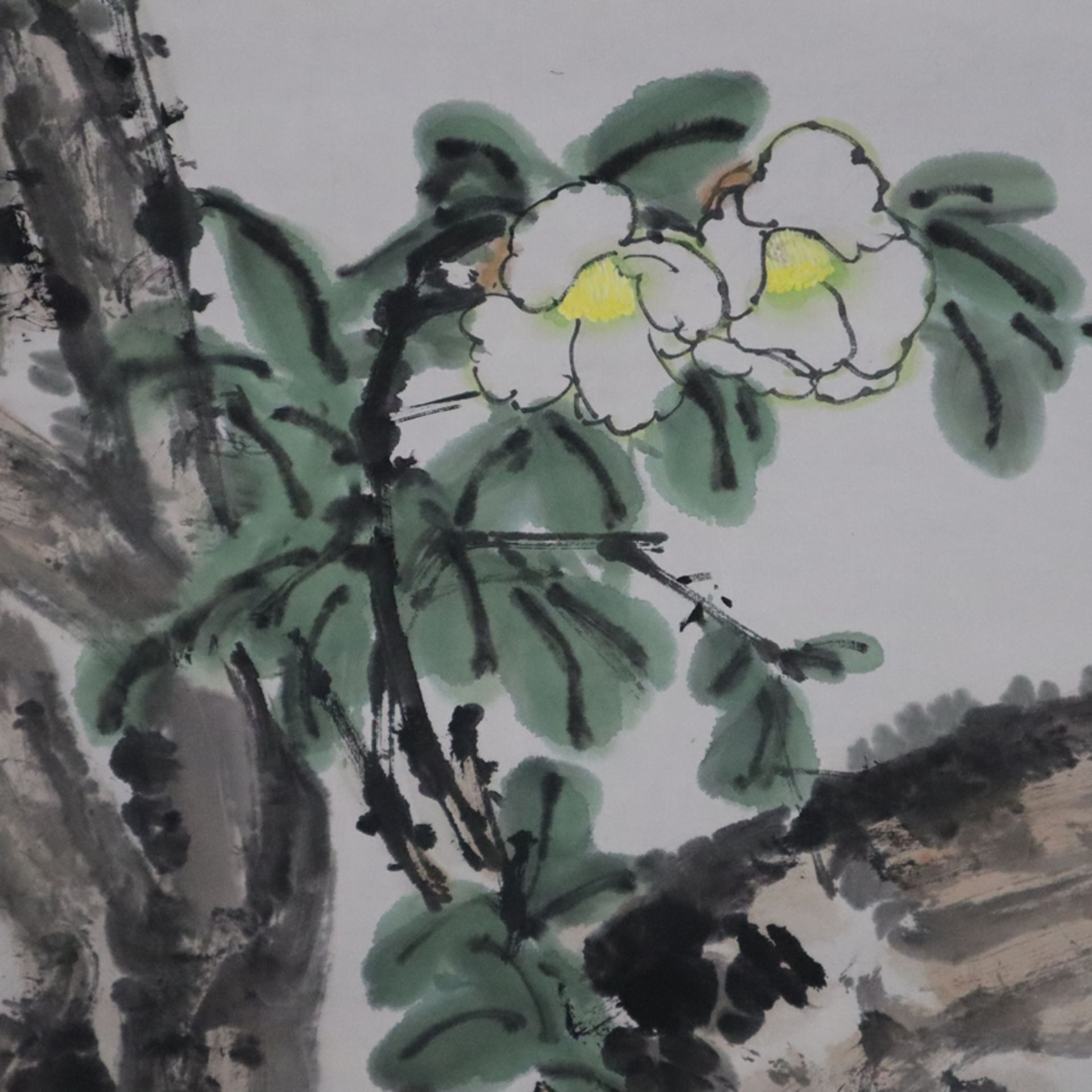 Chinesisches Rollbild - Blühende Baumzweige, Tusche und Farben auf Papier, in chinesischer Kalligra - Bild 5 aus 9