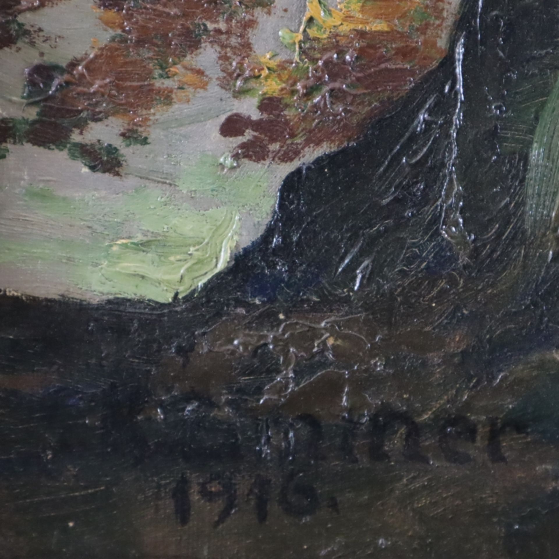 Zimmer, K. (19./20.Jh.) - Bootsanlegestelle im frühherbstlichen Wald, 1916, Öl auf Leinwand, unten  - Bild 10 aus 11