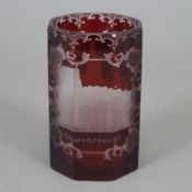 Glasbecher - Egermann-Glas, um 1900, achteckige, zylindrische Form, farbloses Glas, rot gebeizt, um