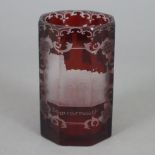 Glasbecher - Egermann-Glas, um 1900, achteckige, zylindrische Form, farbloses Glas, rot gebeizt, um