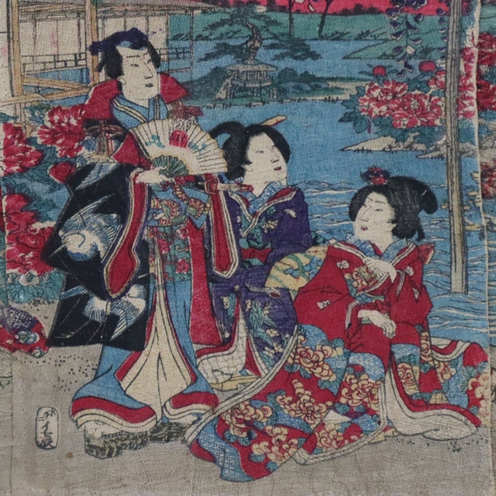 Japanischer Farbholzschnitt-Triptychon -19.Jh.- Parklandschaft mit Pavillon und Bijin, Signatur und - Bild 2 aus 5