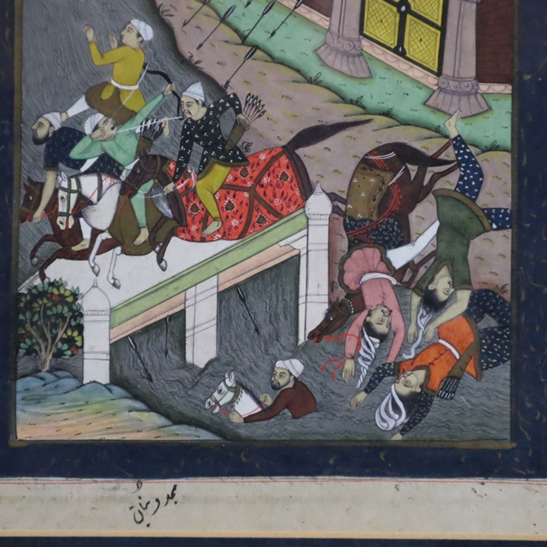 Zwei Buchseiten mit Illustrationen - Indien, zwei Erstürmungsszenen, feine Miniaturmalerei im Mogul - Image 6 of 10