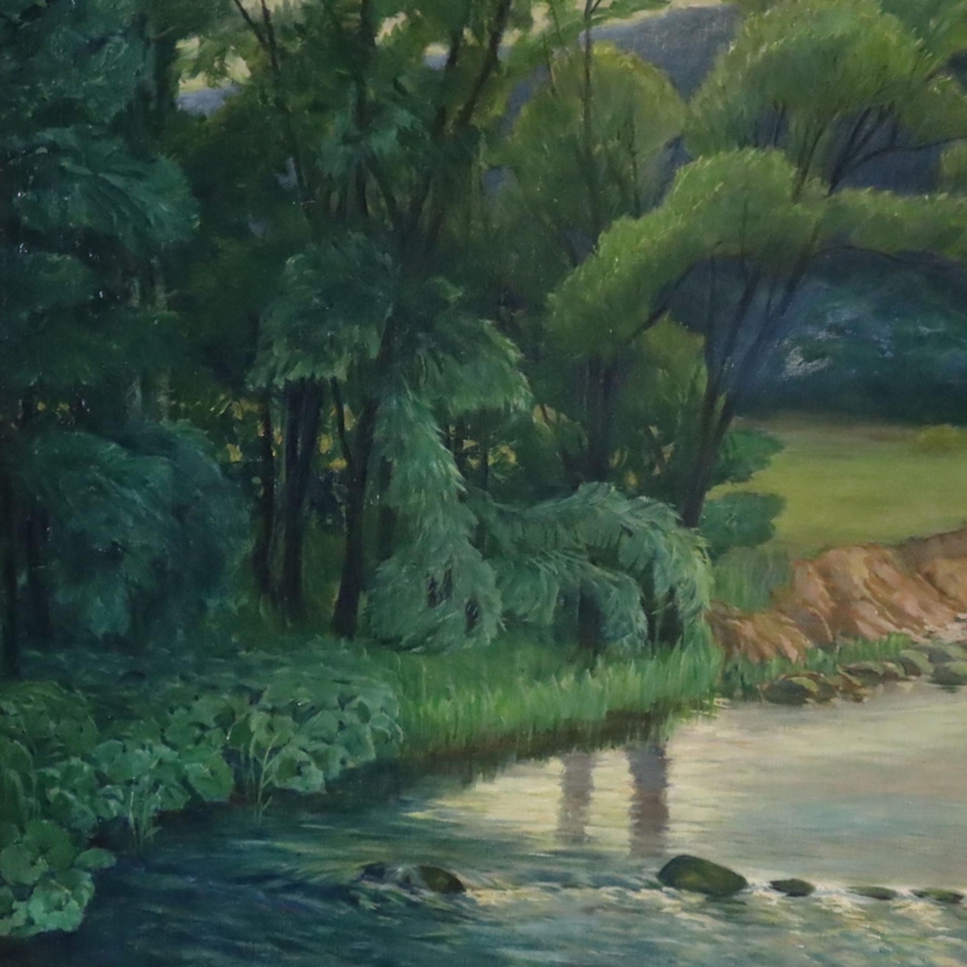 Fieth, E. -1.Hälfte 20.Jh. - Blick auf einen Flusslauf mit üppiger Vegetation, Öl auf Leinwand, lin - Bild 7 aus 9
