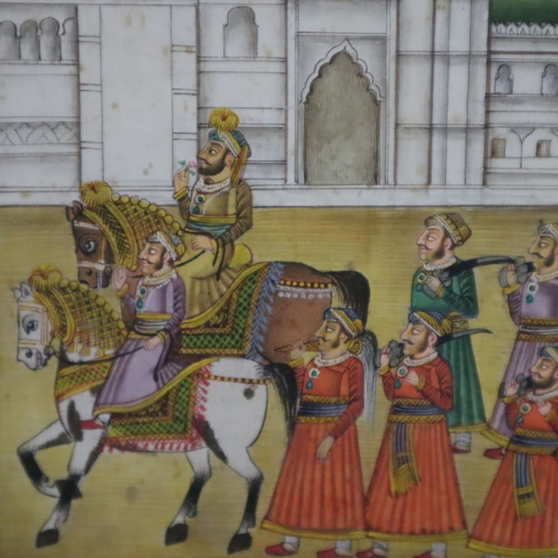 Indische Miniaturmalerei - Vielfigurige Prozession des Maharaja von Udaipur vor dem Gangaur Ghat, m - Image 4 of 9