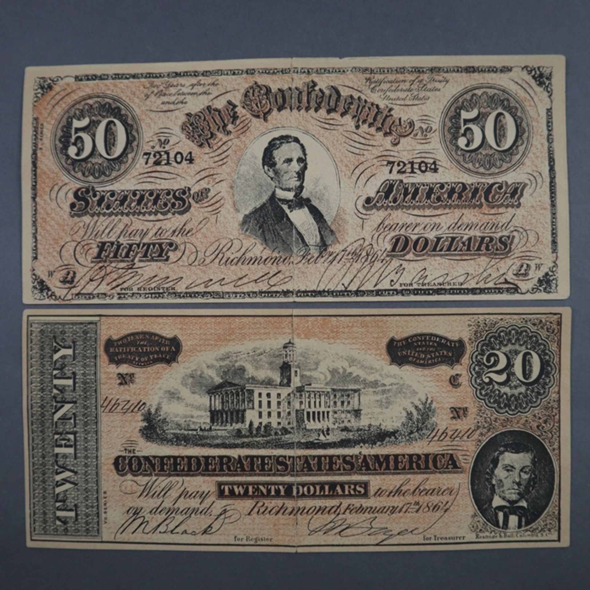 Konvolut von 8 CSD-Souvenirbanknoten-8 Repliken der Währung von den Konföderierten Staaten von Ameri - Bild 3 aus 6
