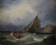 Monogrammist -20.Jh.- Segler und Ruderboot in stürmischer See vor felsiger Küste, Öl auf Malpappe a