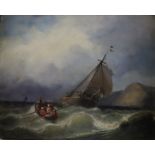 Monogrammist -20.Jh.- Segler und Ruderboot in stürmischer See vor felsiger Küste, Öl auf Malpappe a