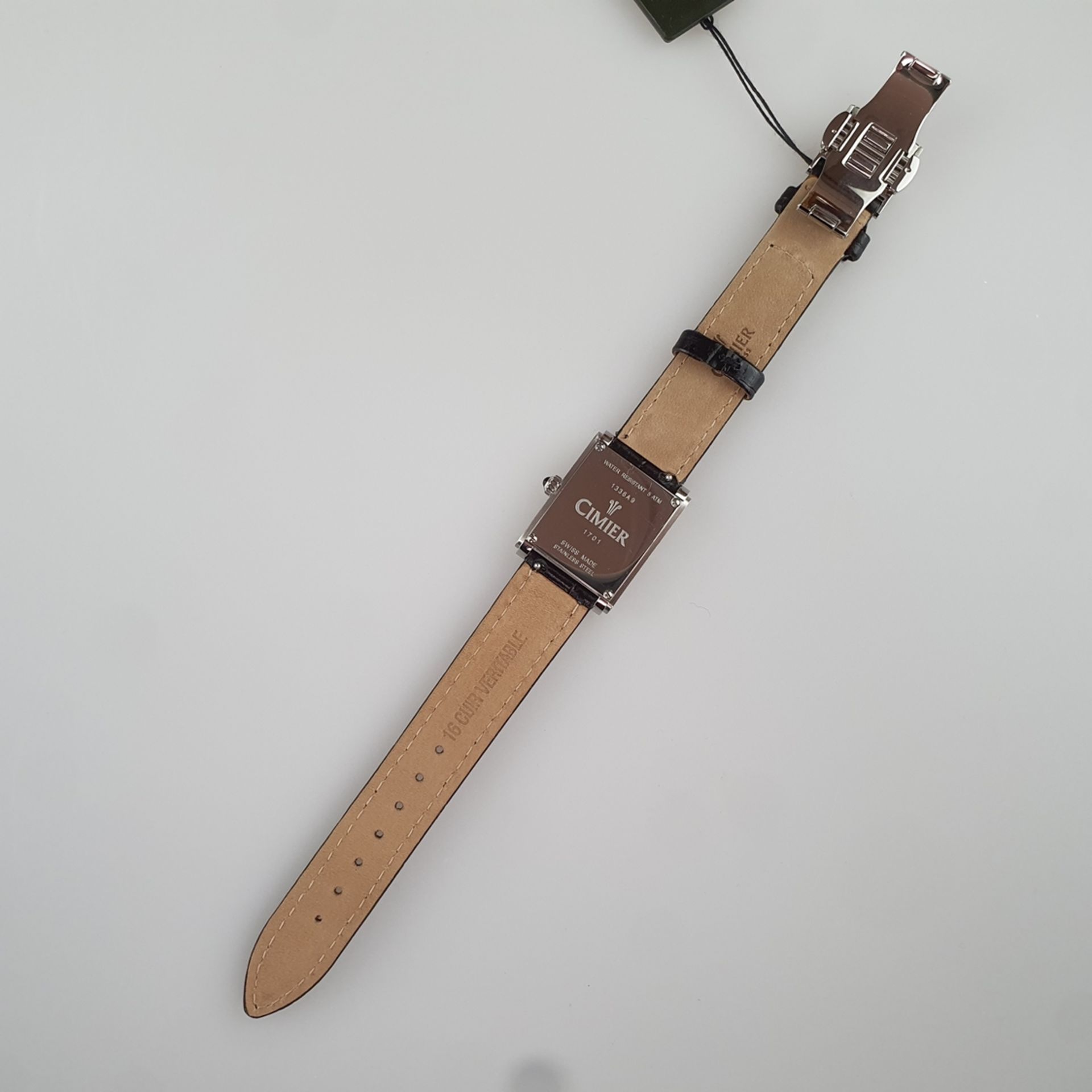 Armbanduhr CIMIER - Schweiz, Quarz-Uhrwerk: ETA 901.001, rechteckiges Edelstahlgehäuse, Saphirglas - Bild 4 aus 5