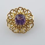 Amethyst-Brosche - Gelbgold, Russland, St. Petersburger Feingehaltspunze für "56" Zolotniki (=14Kt.