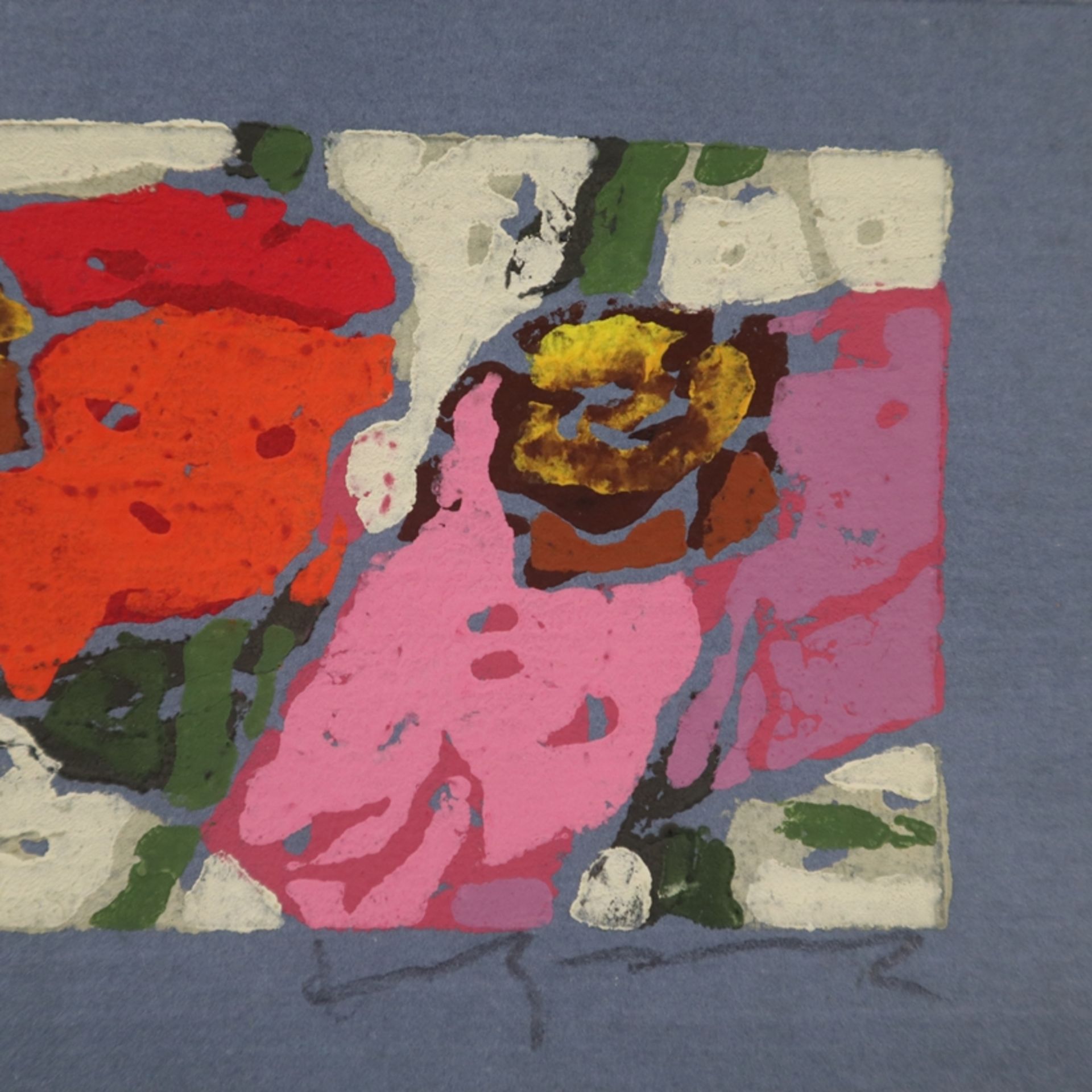 Fußmann, Klaus (*1938 Velbert) - Drei Blumenkompositionen, Farblinolschnitte auf blauem bzw. grünem - Image 3 of 8
