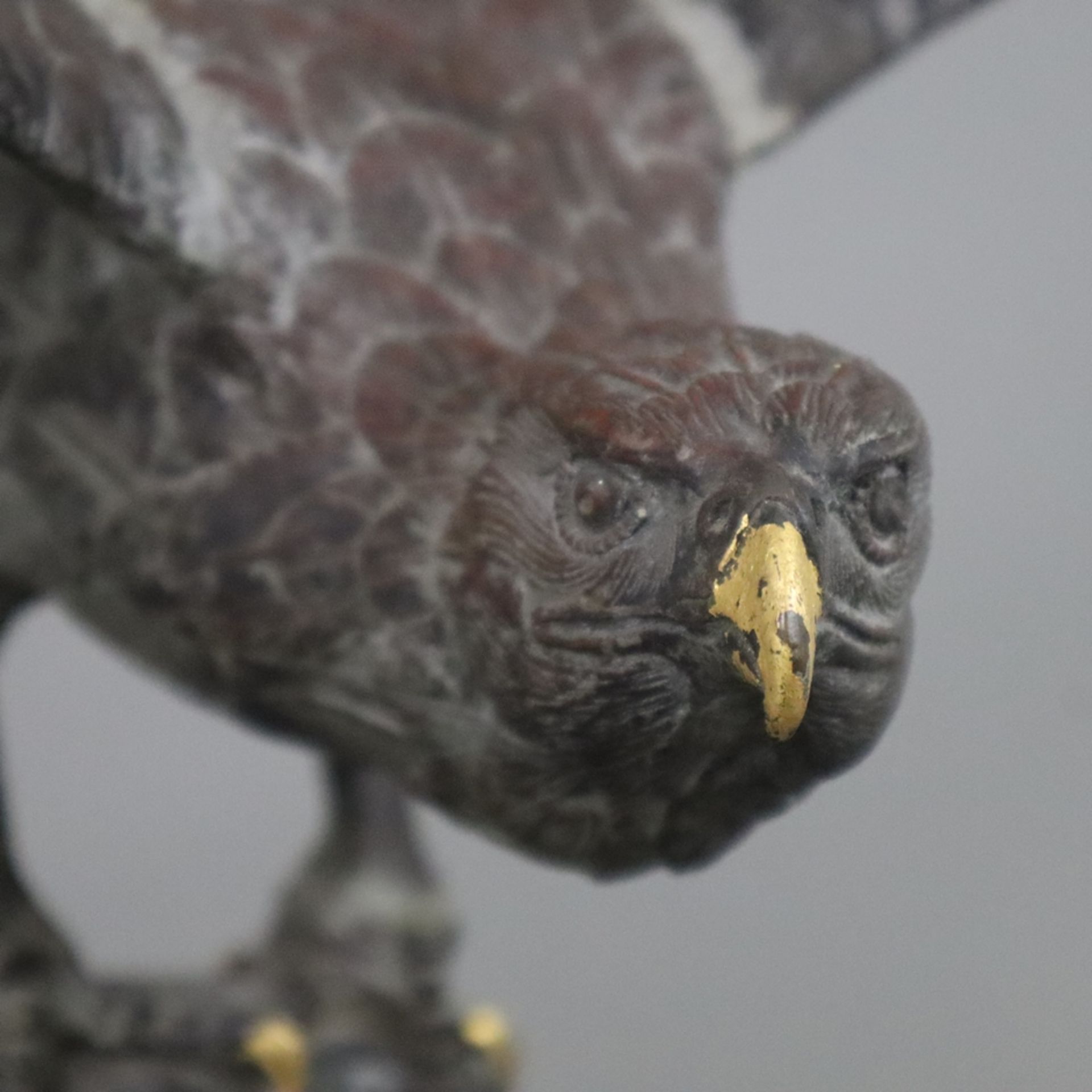 Tierskulptur "Adler" - Weißmetall, braun patiniert, naturalistische Darstellung eines auf Felsensoc - Image 3 of 11
