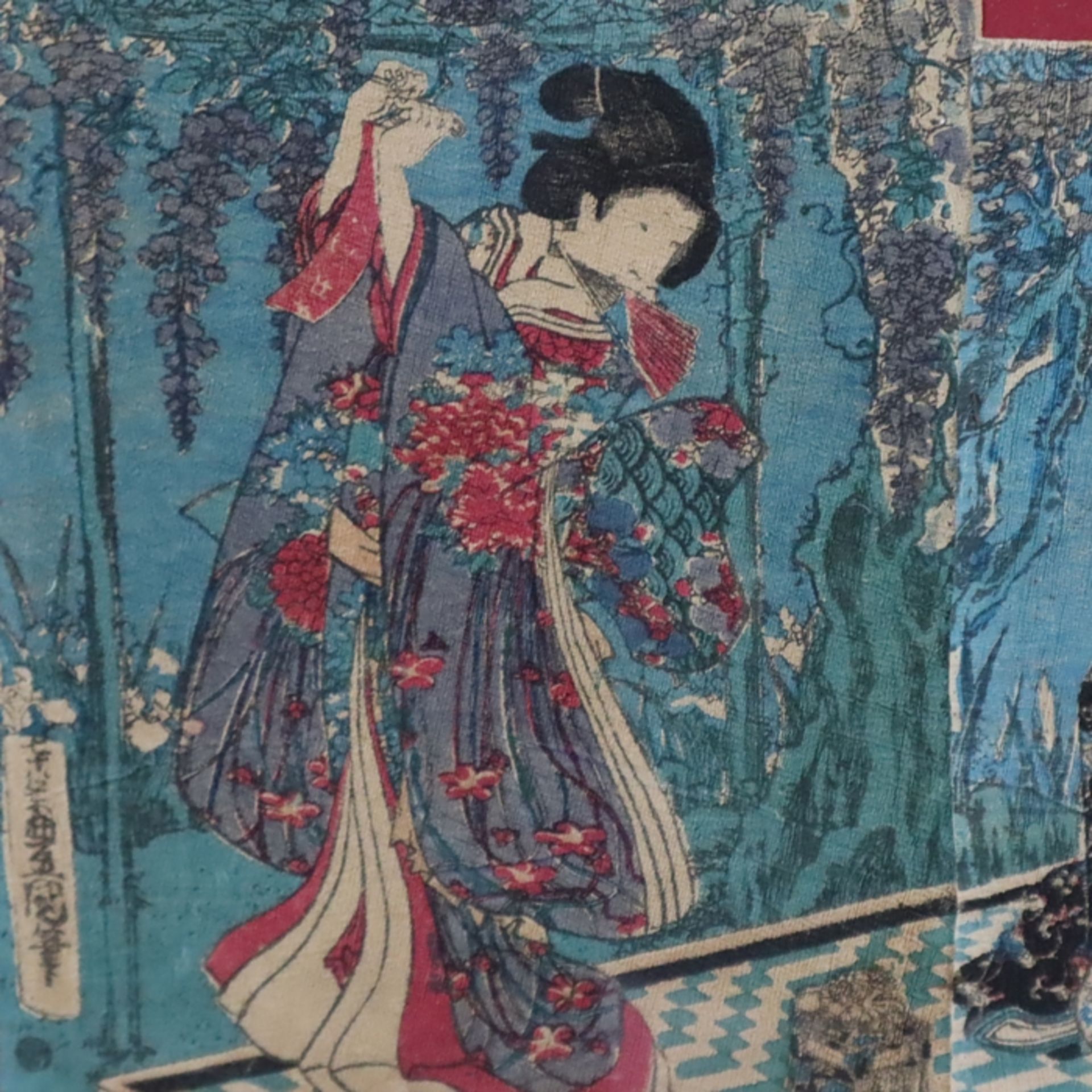 Japanischer Farbholzschnitt-Triptychon -19.Jh.- Bijin in blühendem Garten, Signatur und weitere Kar - Bild 3 aus 6