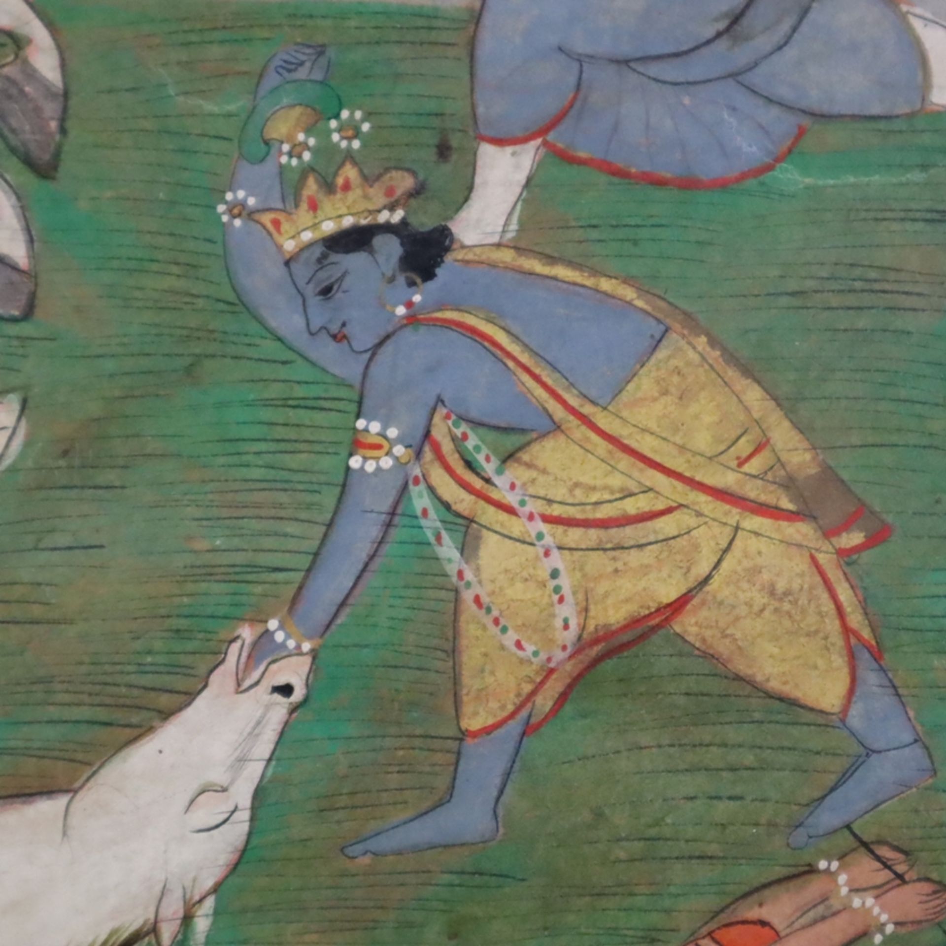 Indische Malerei - Indien 19./20.Jh., Gouache auf Papier, Krishna tötet denn Dämon Keshi in Pferdeg - Image 3 of 7
