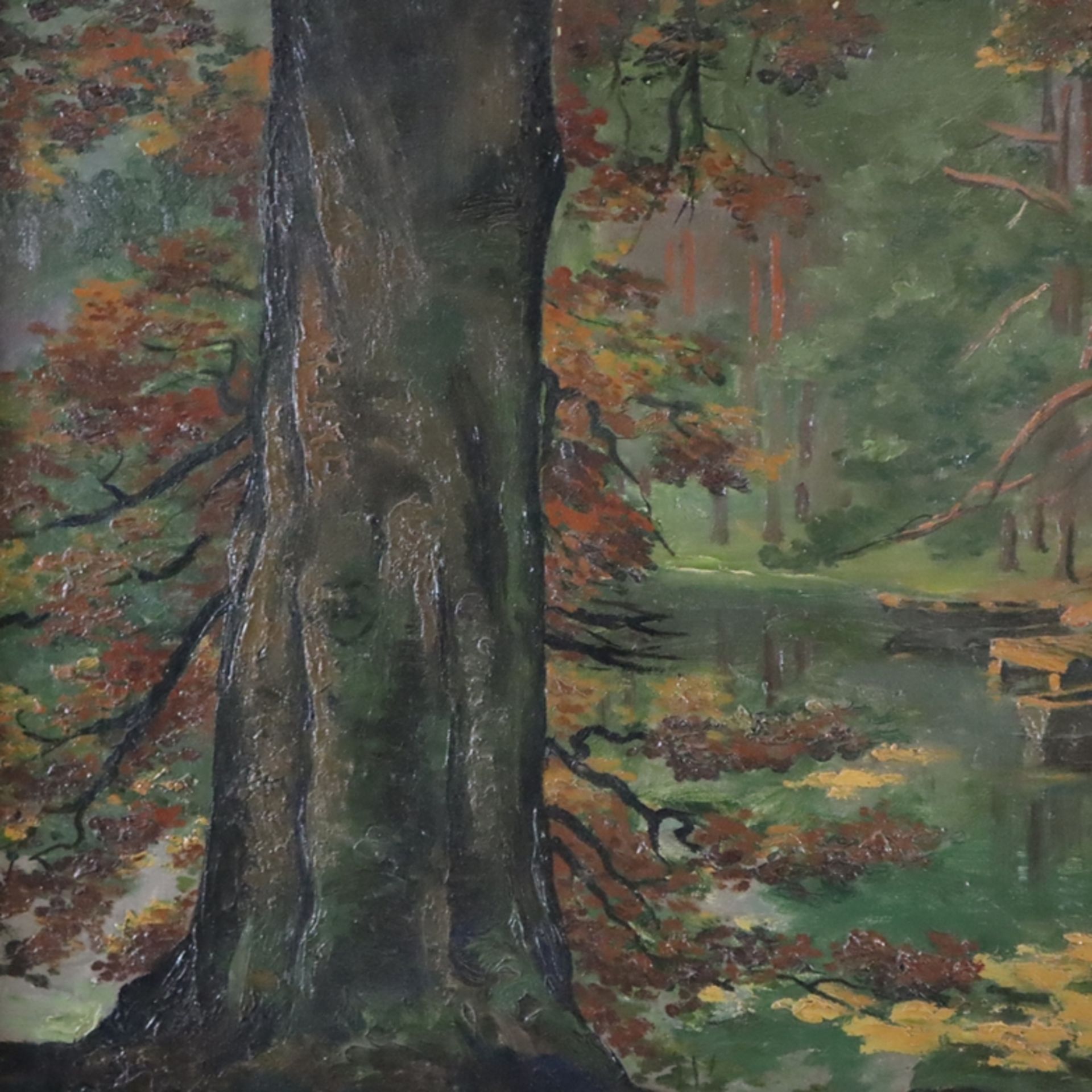 Zimmer, K. (19./20.Jh.) - Bootsanlegestelle im frühherbstlichen Wald, 1916, Öl auf Leinwand, unten  - Bild 5 aus 11