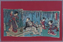 Japanischer Farbholzschnitt-Triptychon -19.Jh.- Bijin in blühendem Garten, Signatur und weitere Kar