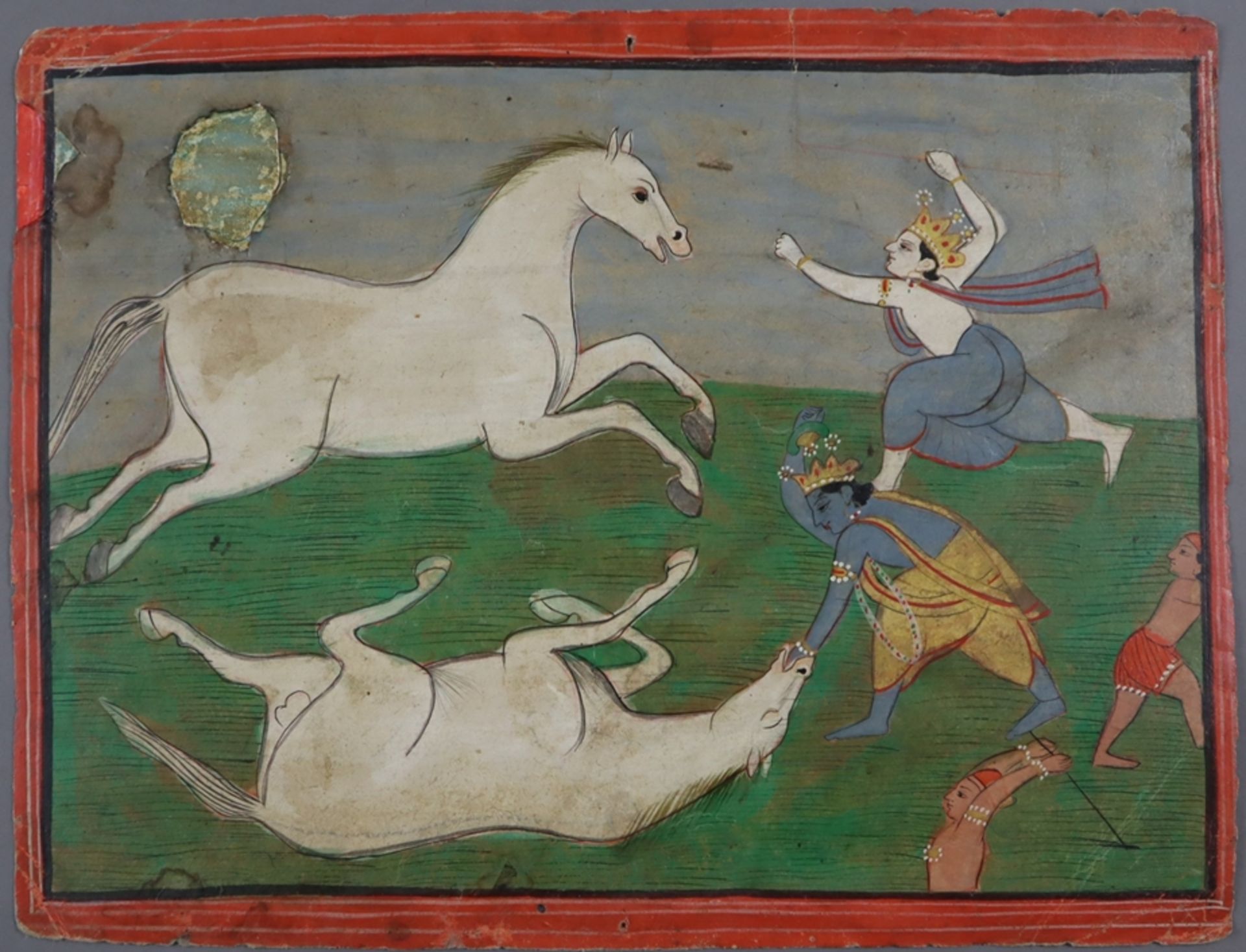 Indische Malerei - Indien 19./20.Jh., Gouache auf Papier, Krishna tötet denn Dämon Keshi in Pferdeg