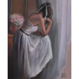 Sabater, Ramon (*1940, spanischer Künstler) - Junge Frau im Satinkleid am Fenster Ausschau haltend,