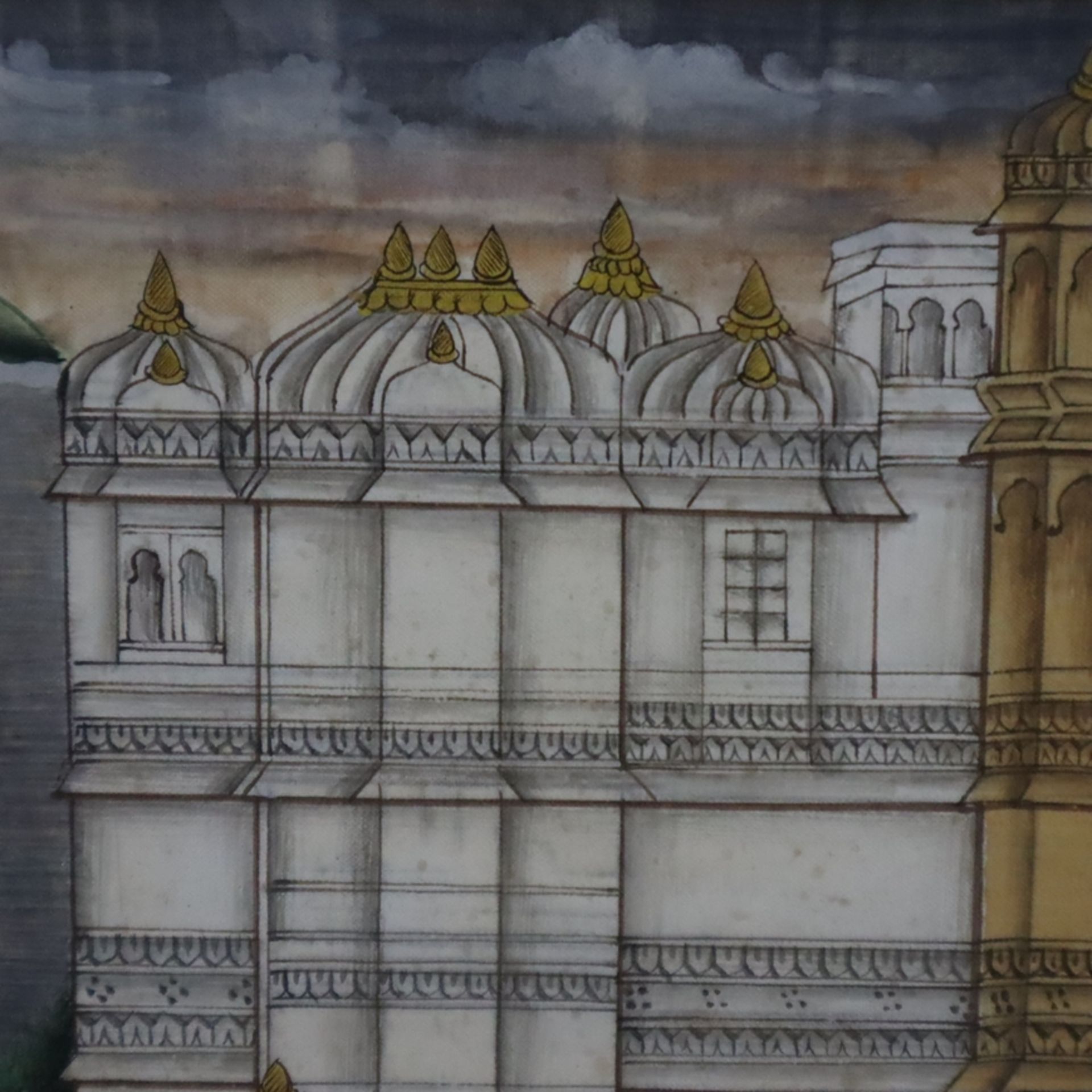 Indische Miniaturmalerei - Vielfigurige Prozession des Maharaja von Udaipur vor dem Gangaur Ghat, m - Image 7 of 9