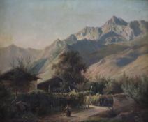 Seifert, Alfred (1850 Horowitz - 1901 München) - Bäuerin auf einem Dorfweg vor Bergmassiv, 1870, Öl