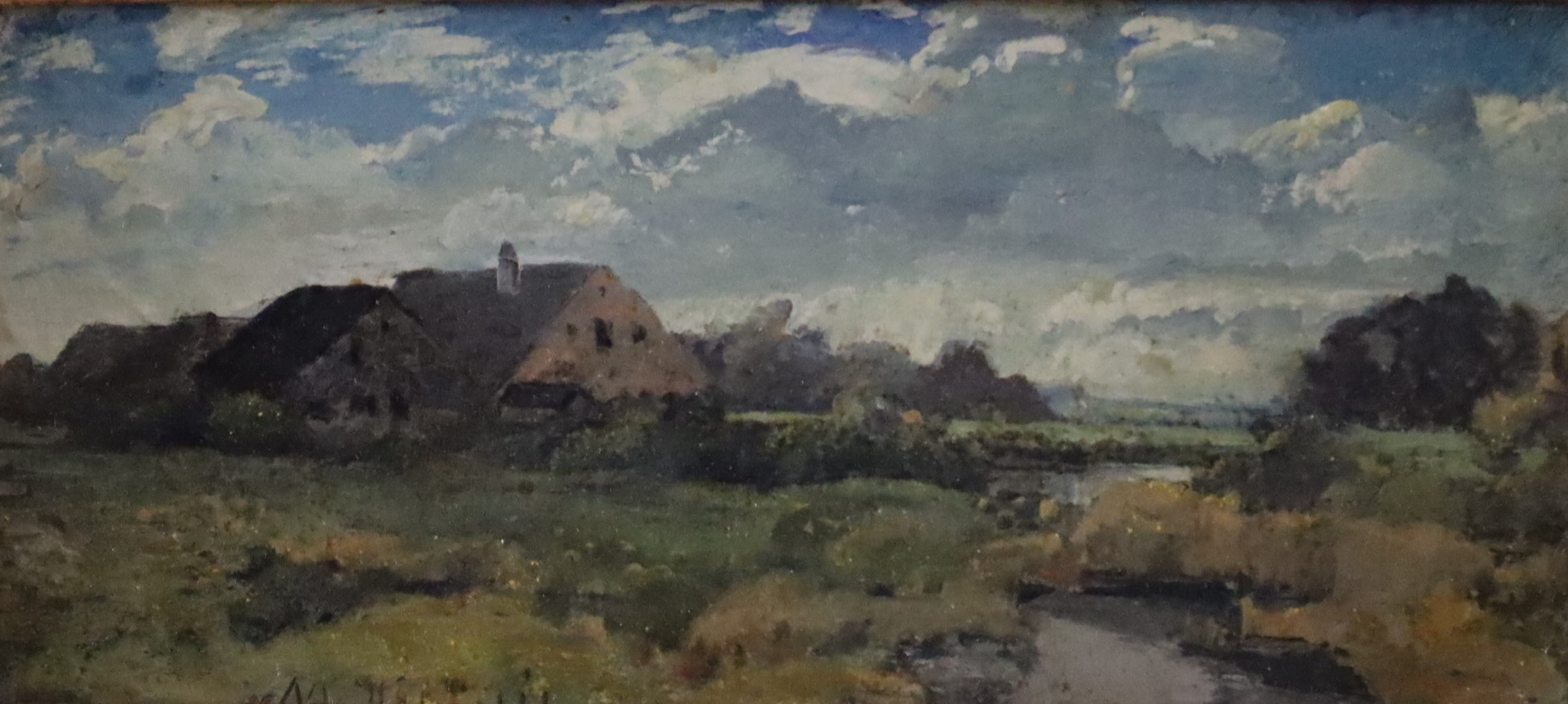 Hartwig, Max (1873-1939) - Flusslandschaft mit Bauernhäusern, Öl auf Karton, unten links signiert "
