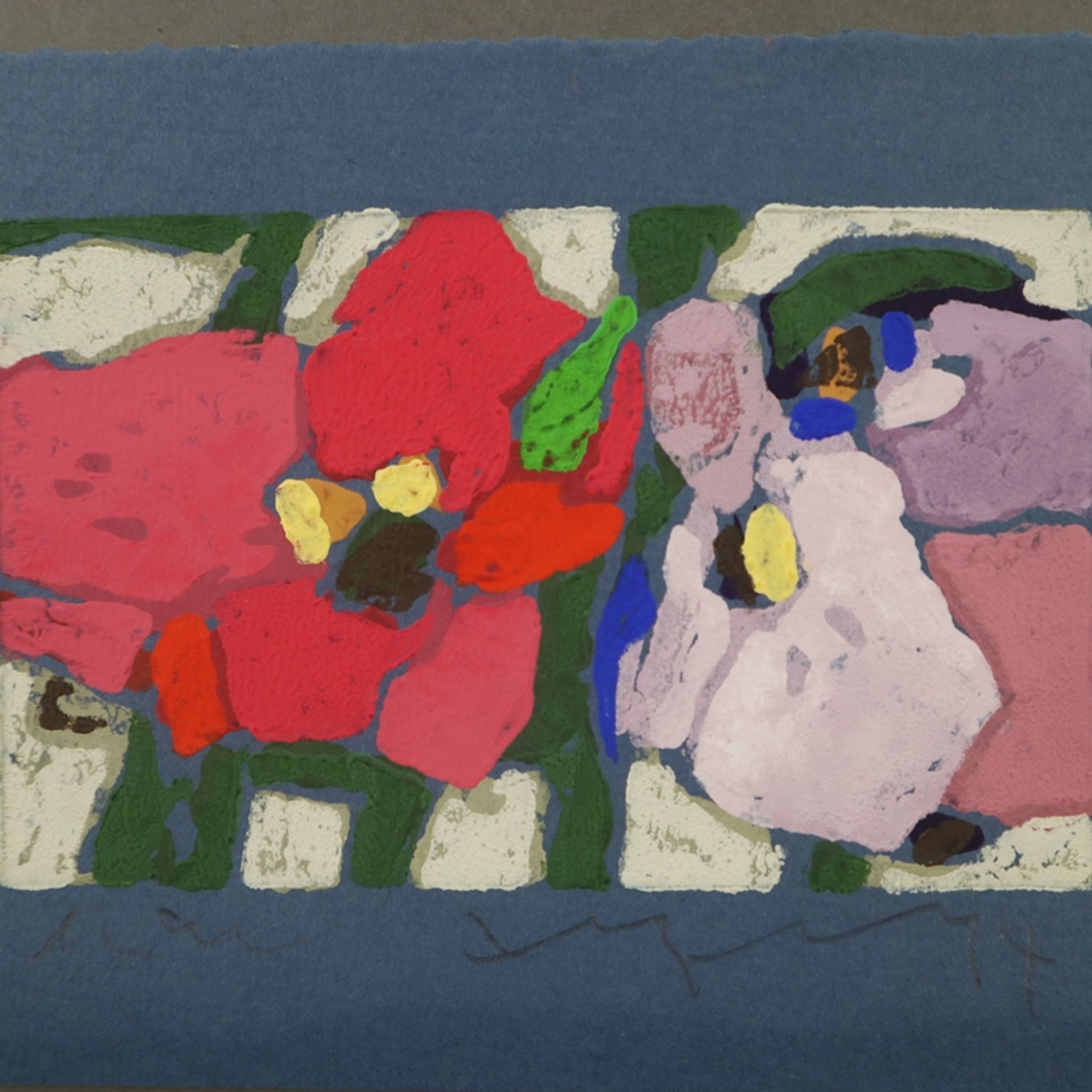 Fußmann, Klaus (*1938 Velbert) - Drei Blumenkompositionen, Farblinolschnitte auf blauem bzw. grünem - Image 6 of 8