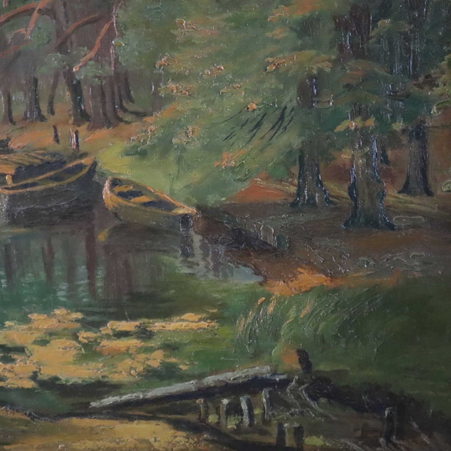 Zimmer, K. (19./20.Jh.) - Bootsanlegestelle im frühherbstlichen Wald, 1916, Öl auf Leinwand, unten  - Bild 7 aus 11