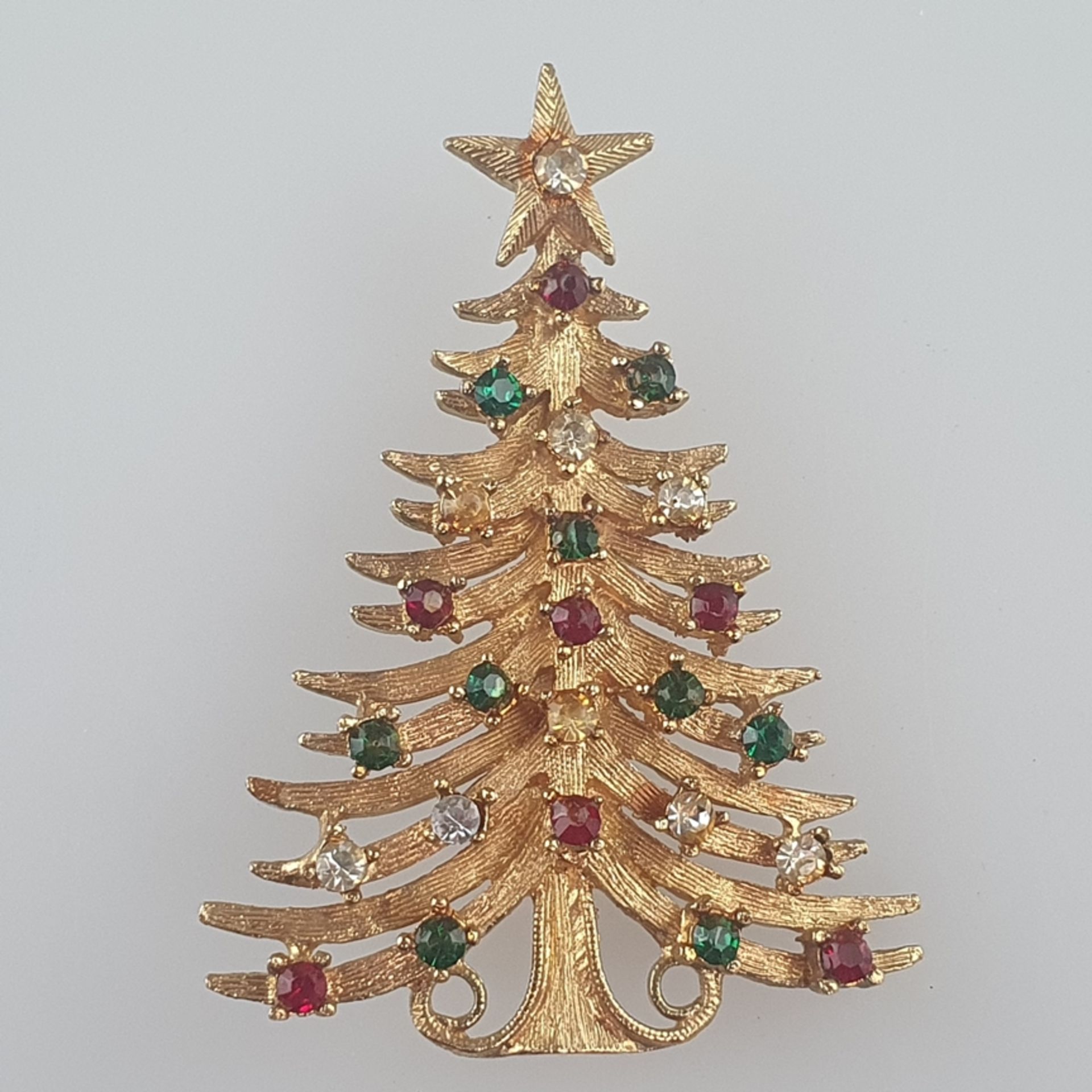 Vintage-"Christmas"-Brosche - MYLU/USA, Weihnachtsbaum, goldfarbenes Metall, Besatz mit facettierte