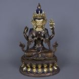 Shadakshari Avalokiteshvara - Tibet, zweiteilige Kupferbronze, teils kultisch bemalt und (kalt)verg