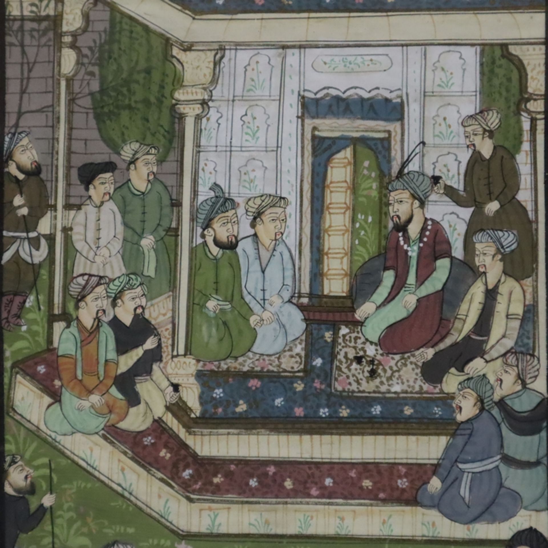 Indische Miniaturmalerei - Durbar-Szene mit Großmogul Nasir ud din Muhammad Humayun, feine Temperam - Image 3 of 7
