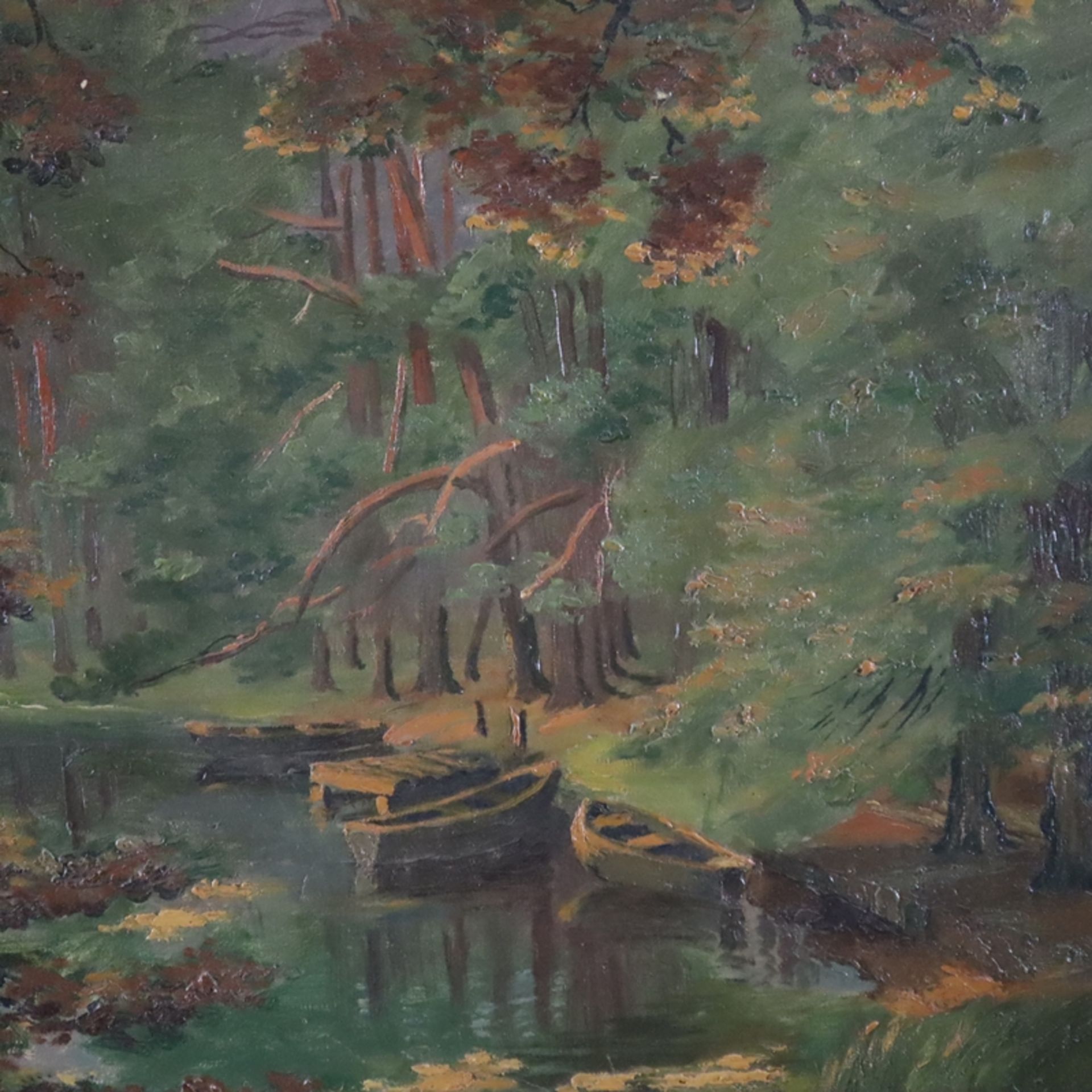 Zimmer, K. (19./20.Jh.) - Bootsanlegestelle im frühherbstlichen Wald, 1916, Öl auf Leinwand, unten  - Bild 6 aus 11