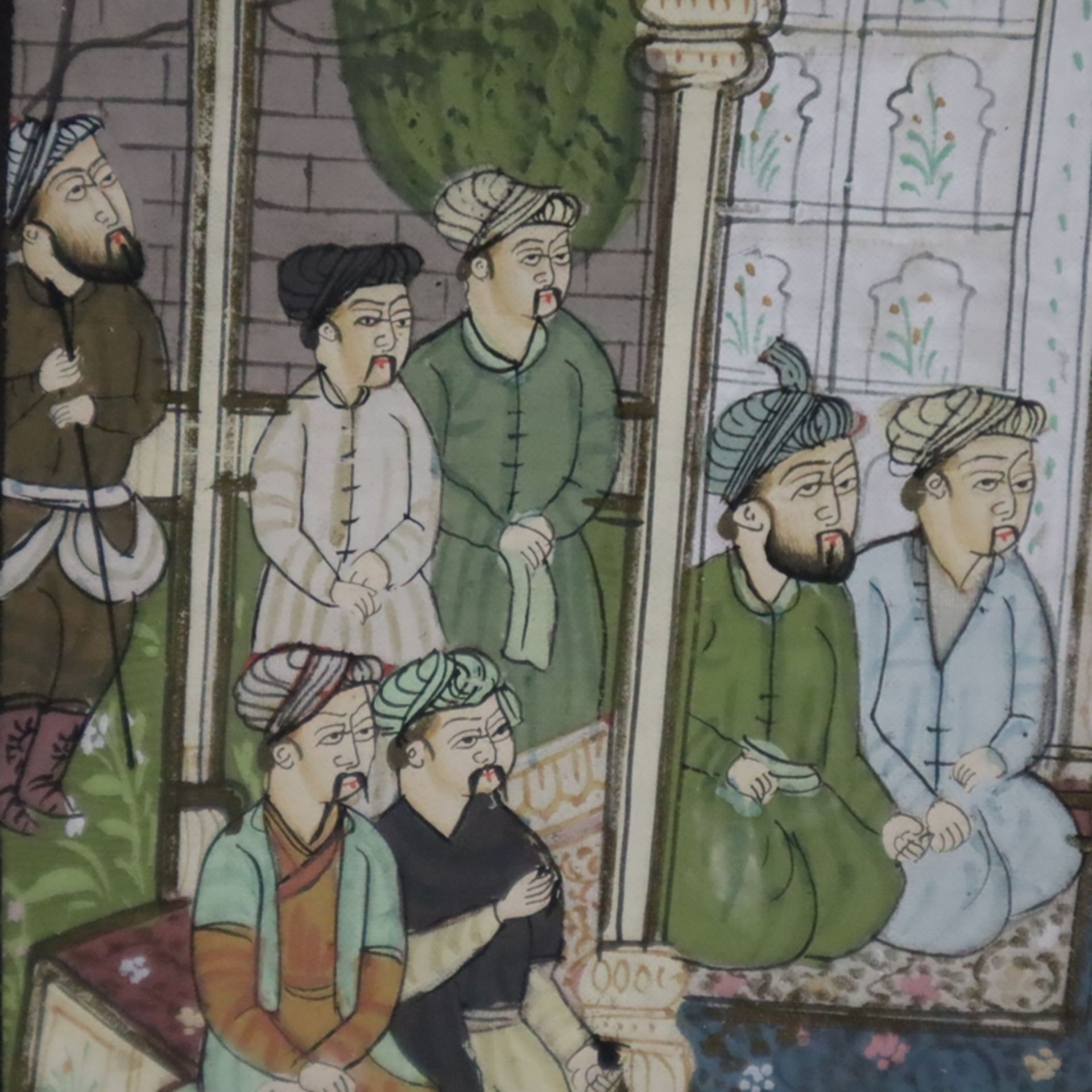 Indische Miniaturmalerei - Durbar-Szene mit Großmogul Nasir ud din Muhammad Humayun, feine Temperam - Image 5 of 7