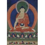 Thangka mit zentraler Darstellung des Buddha Shakyamuni - Tibet, Kloster Labrang vor 1900, polychro