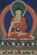 Thangka mit zentraler Darstellung des Buddha Shakyamuni - Tibet, Kloster Labrang vor 1900, polychro