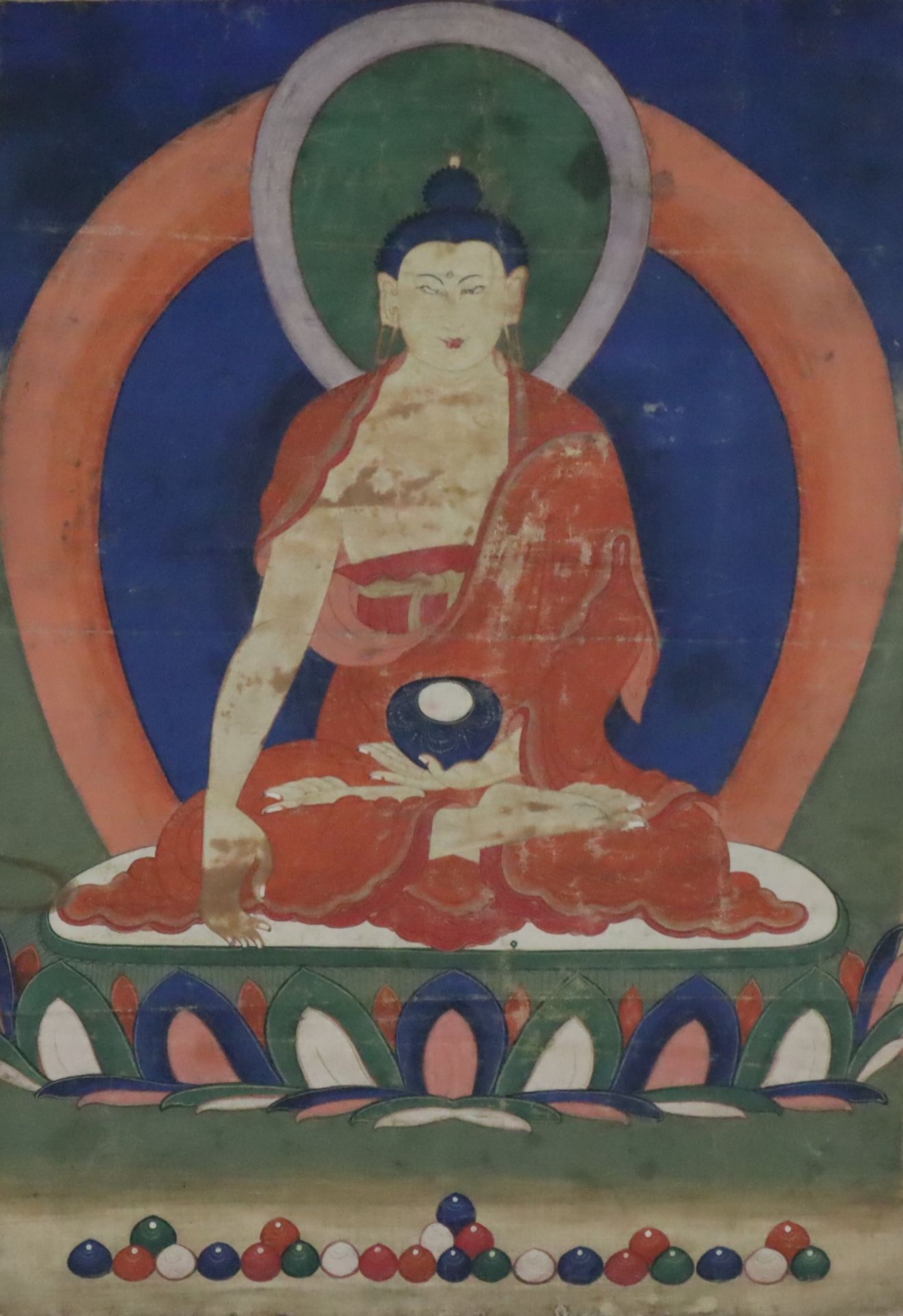 Thangka mit zentraler Darstellung des Buddha Shakyamuni - Tibet, Kloster Labrang vor 1900, polychro