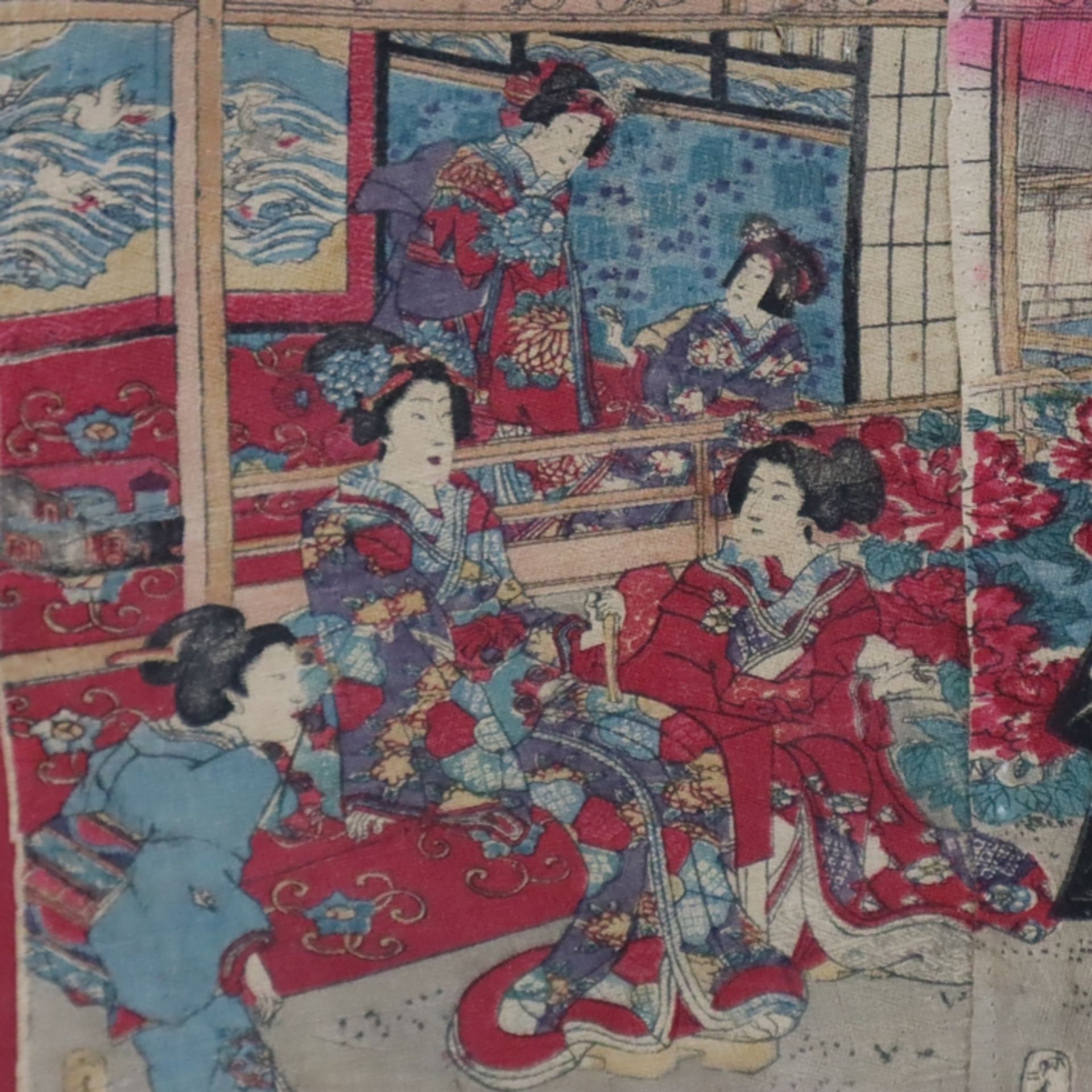 Japanischer Farbholzschnitt-Triptychon -19.Jh.- Parklandschaft mit Pavillon und Bijin, Signatur und - Bild 3 aus 5