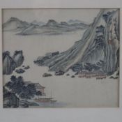 Seidenmalerei - China, Tusche und leichte Farben auf Seide, Flusslandschaft mit Pfahlbauten in Ufer